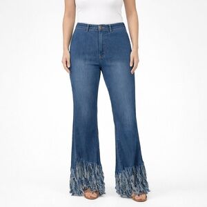 JC & JQ Shredded Hem Boho Jeans Womens XL‎ Blue Hi Rise Festival Fringe Stretch